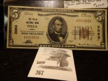Series 1929 $5.00 Type One The Pella National Bank Pella, Iowa, serial number A000885A, Charter No.