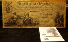 Advertising facsimile note printed for The Omaha National Bank. Depicts The City of Omaha Three Doll