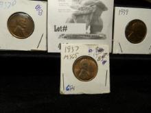 1937D EF, 1937 & 39 Red & Brown Unc.Lincoln Head Cents.