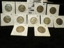 1946, 46D, 47, 47D, 47S, 48, 48D, 49, 49D, 50, & 51 Circulared Jefferson Nickels.