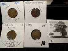 1893 VF & 1901 Good Indian Head Cents, 1925 S Mint Error Cent, & 1958 D Cent.
