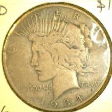 1934 D Peace Silver Dollar, VG.