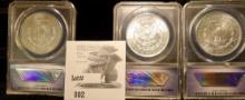 1884 O, 1885 O, & 1890 P Morgan Silver Dollars, all ANACS BU Legends of Comstock horde. One slab cra