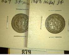 1868 Fine & 1869 VG U.S. Three Cent Nickels.
