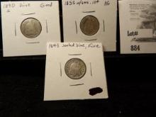 1843 Fine, 1853 With arrows Very Good, 1890 S Good U.S. Seated Liberty Dimes.