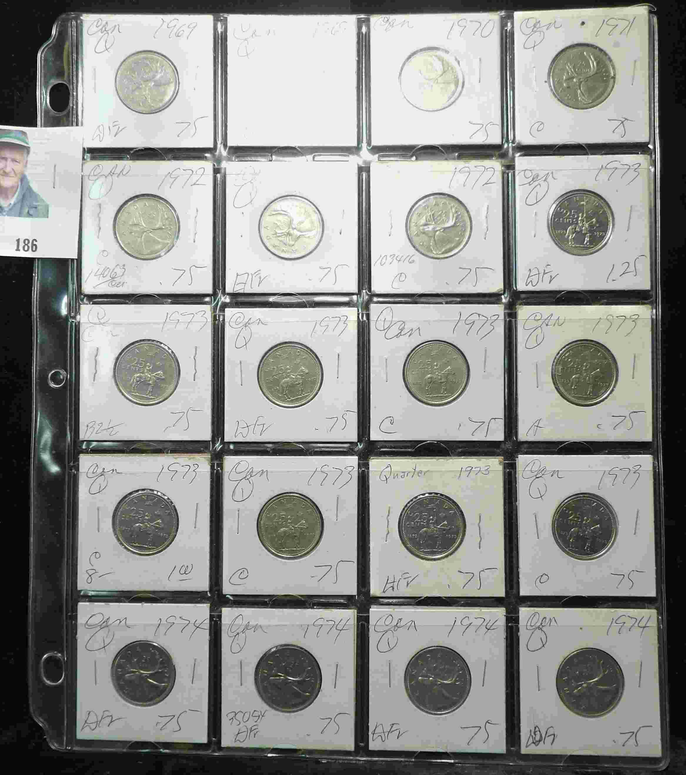 (20) Canada Caribou Quarters, carded, and in a plastic page. Dates 1969-1974. All high grade. Priced