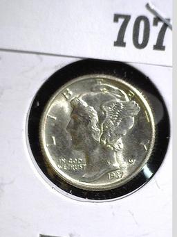 1937 P Mercury Dime, Brilliant Uncirculated. Split Bands.