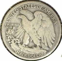 1927 S Silver Walking Liberty Half Dollar, VG-Fine. Semi key date. Carded.