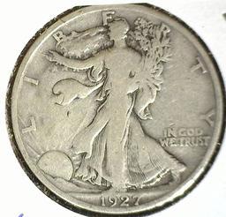 1927 S Silver Walking Liberty Half Dollar, VG-Fine. Semi key date. Carded.