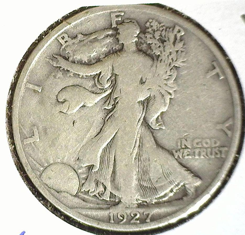 1927 S Silver Walking Liberty Half Dollar, VG-Fine. Semi key date. Carded.
