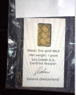 Credit Suisse 1 Gram .9999 fine Gold ingot. Carded.