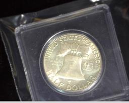 1948 D Franklin Half Dollar, BU. In Snaptight case.
