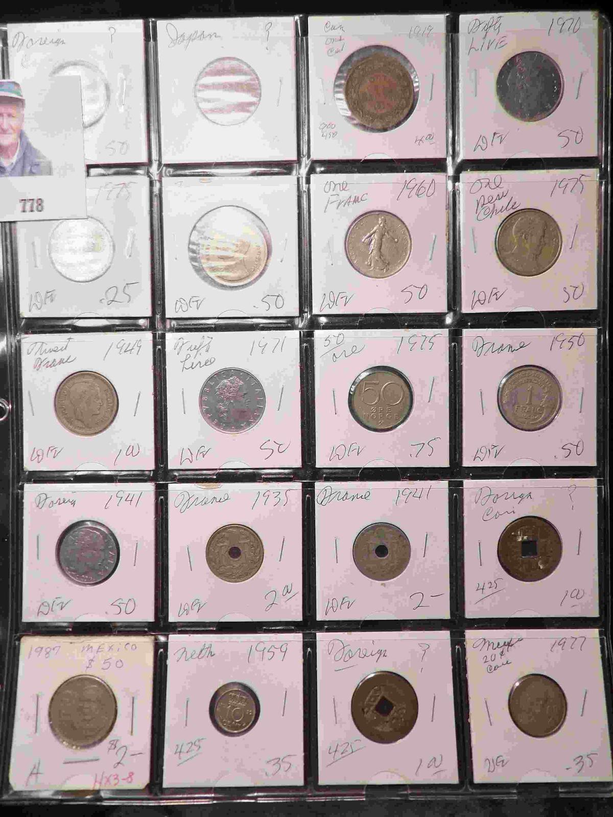 20-Pocket Plastic Page full of Foreign Coins. All ready to attend the coin show.