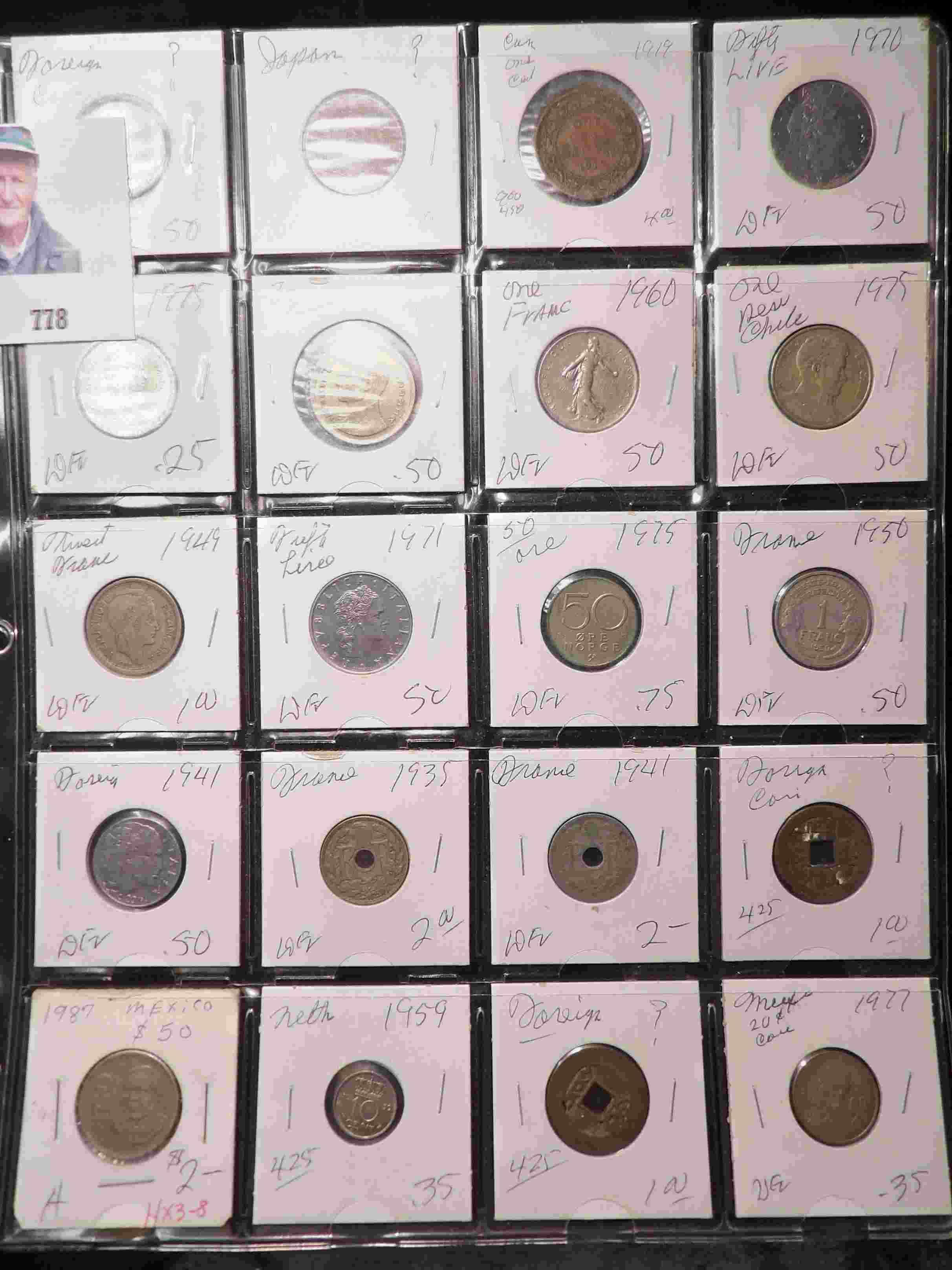 20-Pocket Plastic Page full of Foreign Coins. All ready to attend the coin show.
