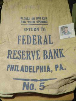 Large Canvas Money Bag "Please Do Not Cut/Bag When Opening/Return to/Federal/Reserve Bank/Philadelph