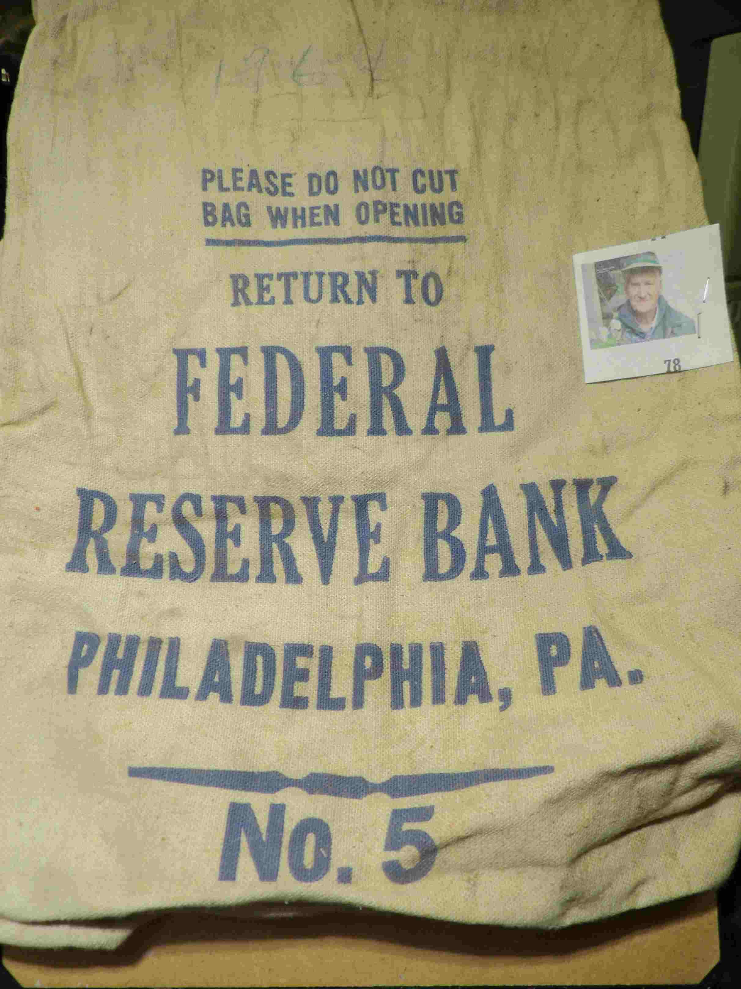 Large Canvas Money Bag "Please Do Not Cut/Bag When Opening/Return to/Federal/Reserve Bank/Philadelph