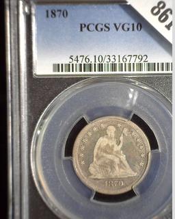 1870 P With Motto U.S. Seated Liberty Quarter, slabbed PCGS VG10. Mtg. 86,400, Only 4 known in this