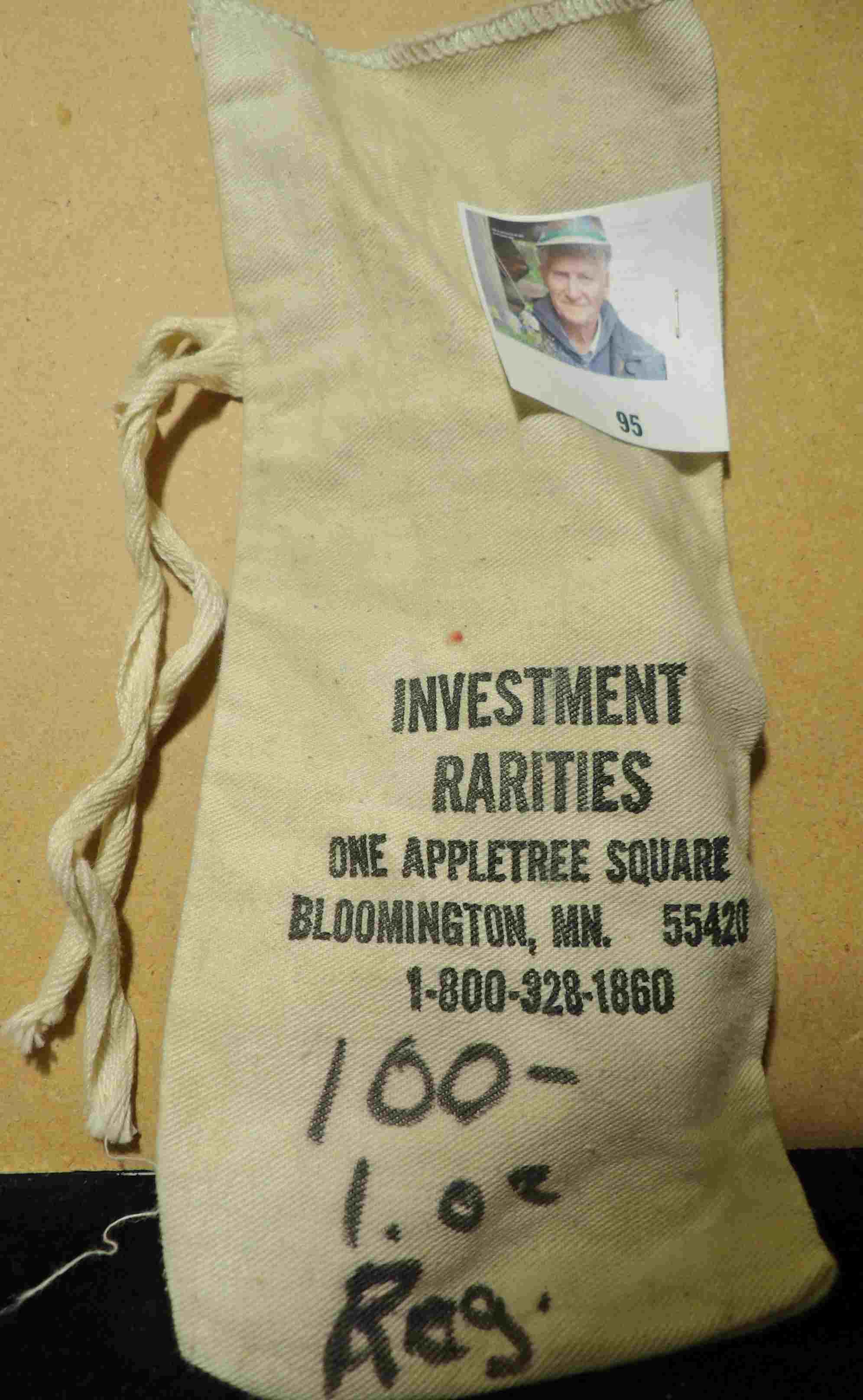 Small Canvas Money Bag "Investment/Rarities/One Appletree Square/Bloomington, Mn. 55420/1-800-328-18