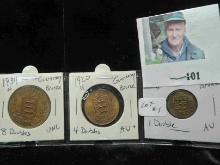(3) High grade bronze coins from Guernsey: 1934H 8 Doubles, UNC; 1920H 4 Doubles AU+; & 1933 H One D