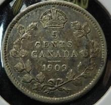 1909  Canada Five Cent Silver, VF, .0346 oz. Silver.