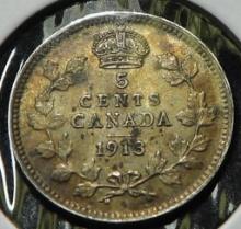 1913 Canada Five Cent Silver, EF, nicely toned, .0346 oz. Silver.