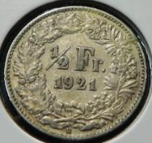1921 Switzerland Silver Half Franc, VF/EF. .0671 oz. Silver.