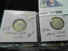 1917 Great Britain Silver Six Pence, VG-Fine, .0841 oz. Silver & 1942 World War II Canada Silver Dim