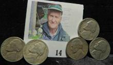 (5) 1939 S Semi-keydate Jefferson Nickels. Circulated.