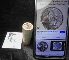 2008 D Original Bank-wrapped Roll of Oklahoma Statehood Quarters, Gem BU. The end coin  exhibits dou