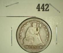 1853 Arrows & Rays U.S. Seated Liberty Quarter with a nearly full Liberty.