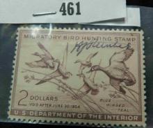 RW20 $2 U.S. Department of the Interior Migratory Bird Hunting Stamp, Signed.