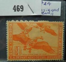 RW11 $1 U.S. Department of the Interior Migratory Bird Hunting Stamp, Unsigned.
