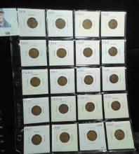 Partial Set of Lincoln Cents in a 20-pocket plastic page, dates 1918-1940.