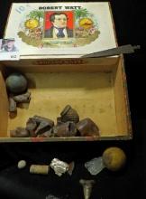 Antique "Robert Watt" Wooden Cigar Box containing Pioneer Clay Pipes, fragments of clay pipes, Metal