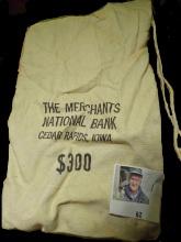 Medium Canvas Money Bag "The Merchants/National Bank/Cedar Rapids, Iowa/$300".