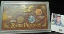 Four-coin Set "Rare Pennies", contains Indian Cent, Wheat back Cent, WW II Steel Cent, & a Memorial
