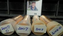 2007 P & D & 2008 P & D Gem BU Solid date rolls of Lincoln Cents stored in hard plastic tubes.