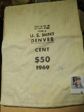 Large Canvas Money Bag "Please Do Not Cut/ Bag When Opening/Return To U.S. Mint/Denver/Cent/$50/1969