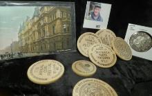 Pre World War II Post card depicting the Liverpool, England Post Office; (7) Wooden Nickels includin