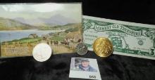 An Irish Fishing Village Post card; Souvenir Three Dollar note from the Midwest Old Threshers Annual