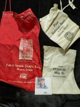 Draw String Bank Bag "First Iowa State Bank Albia, Iowa"; canvas bank bag "From Vermeer Mfg. Co. Pel