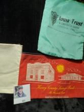 Small Plain Canvas Bank Bag; Zipper Bank Bag "Henry County Savings Bank Mt. Pleasant, Iowa"; & draw