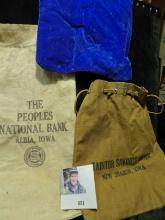 Canvas Bank Bag "The Peoples National Bank Albia, Iowa"; purple draw string bag & "Taintor Savings B