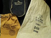"Fidelity State Bank Luck, Wis."; "Ron Bacardi Gold Reserve" velvet bag; & 1968 U.S. Mint Denver $50