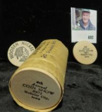 Dollar-size Coin wrapper with (19 ?) 1972 Webster City, Iowa Coin Show Wooden Nickels.