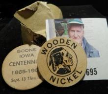 Dollar-size Coin wrapper with (20) "Boone/Iowa/Centennial/1865-1965/Sept.13 thru 18" Wooden Nickels.