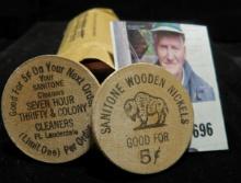 Dollar-size Coin wrapper with (20) "Sanitone Wooden Nickels/Good For/5c", "Good For 5c On Your Next