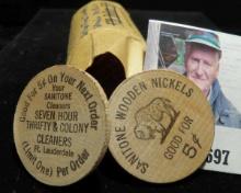Dollar-size Coin wrapper with (20) "Sanitone Wooden Nickels/Good For/5c", "Good For 5c On Your Next