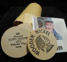 Dollar-size Coin wrapper with (20) "4th/Annual/Coin Show/1972/Webster City,/Iowa" Wooden Nickels.
