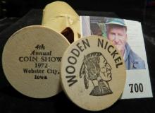 Dollar-size Coin wrapper with (20) "Boone/Iowa/Centennial/1865-1965/Sept.13 thru 18" Wooden Nickels.